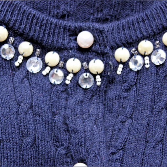 TOMMY HILFIGER Navy Blue Cabled Cardigan Sz M Pearl Rhinestone Trim Soft Cottony - Picture 3 of 6